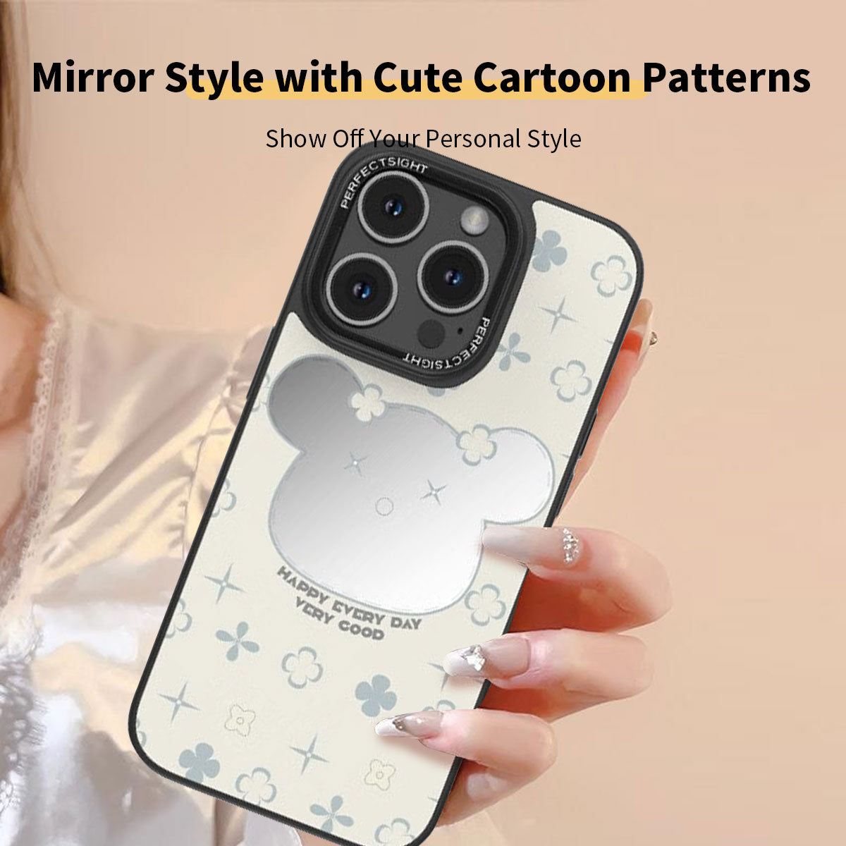 Lucky Bear Cartoon Makeup Mirror Glass Phone Cases for iPhone