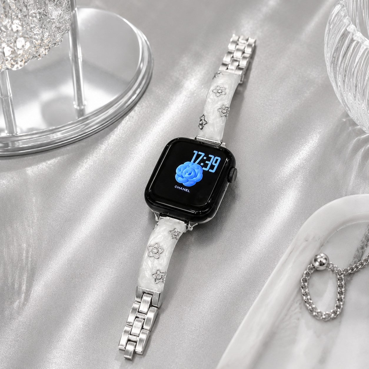 Glittered Flower Diamond Metal Strap for Apple Watch