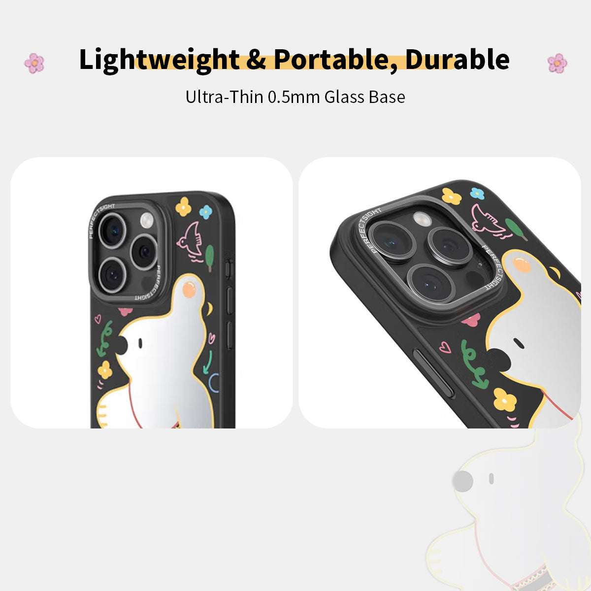 Strolling Bear Cartoon Makeup Mirror Glass Thin Phone Cases for iPhone