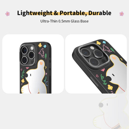 Strolling Bear Cartoon Makeup Mirror Glass Thin Phone Cases for iPhone