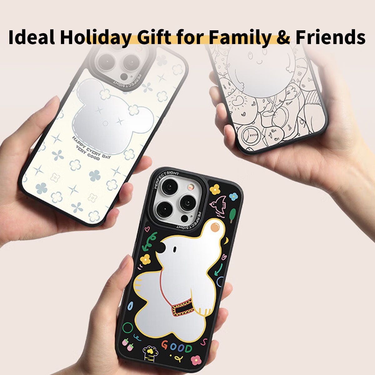 Strolling Bear Cartoon Makeup Mirror Glass Thin Phone Cases for iPhone