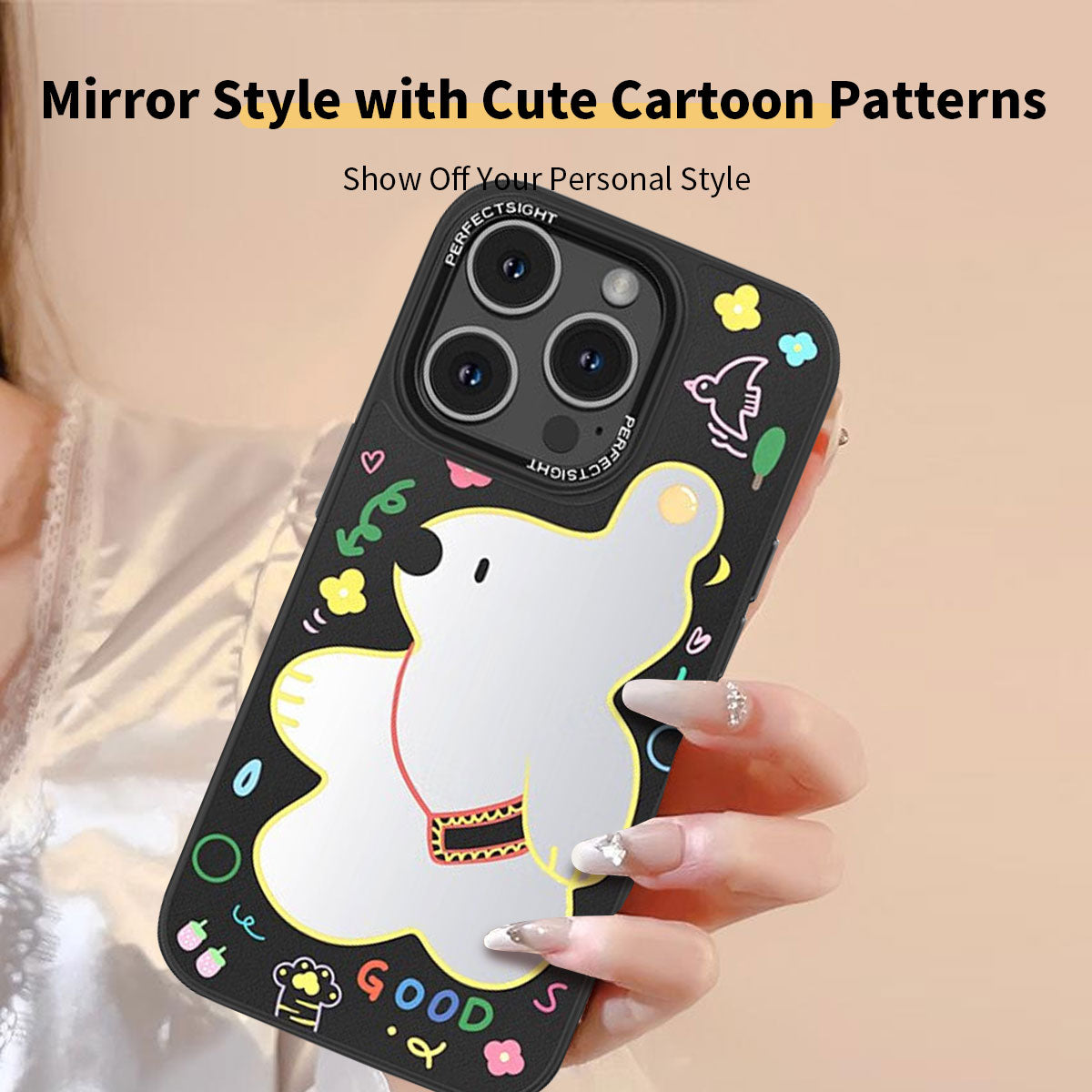 Strolling Bear Cartoon Makeup Mirror Glass Thin Phone Cases for iPhone