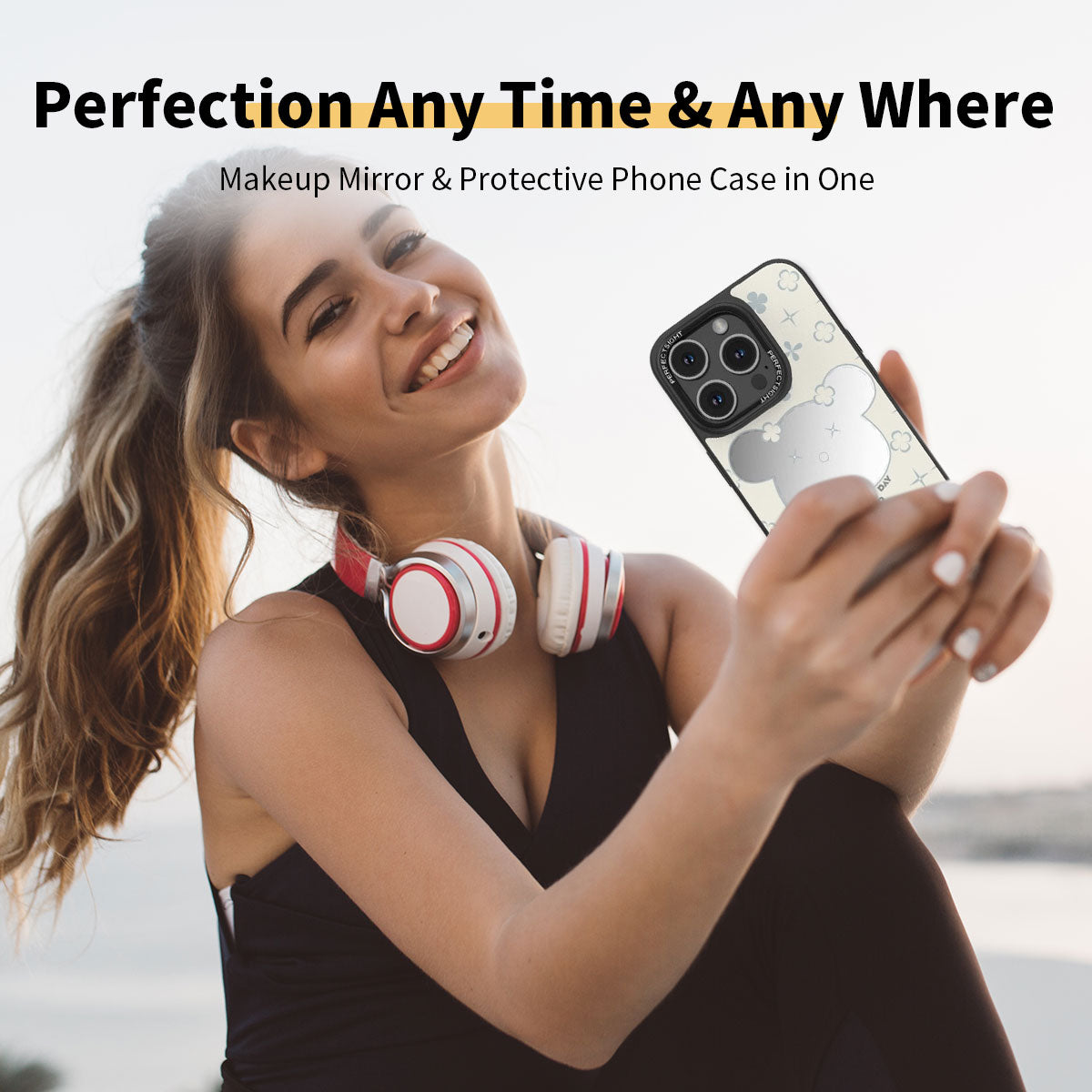 Lucky Bear Cartoon Makeup Mirror Glass Phone Cases for iPhone