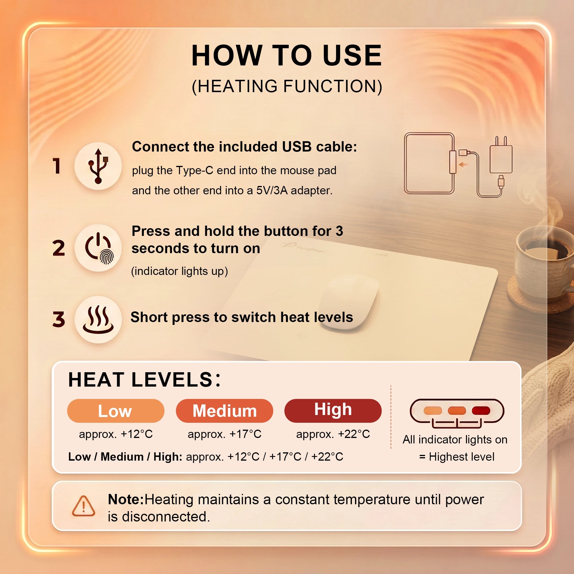 Heated Glass Gaming Mouse Pad with 3 Heating Levels